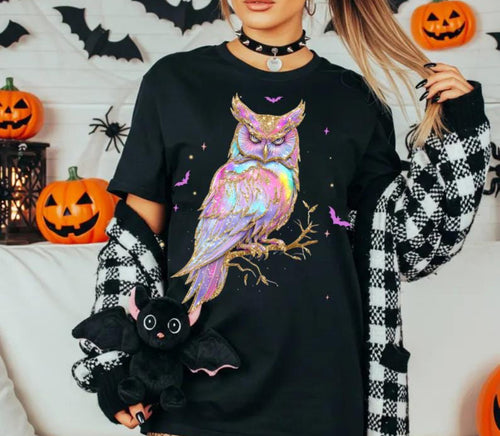 Holographic owl on black hoodie, crewneck, long sleeve or tee - Mavictoria Designs Hot Press Express