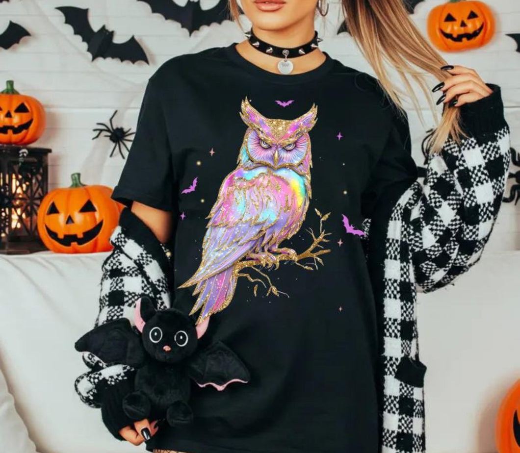Holographic owl on black hoodie, crewneck, long sleeve or tee - Mavictoria Designs Hot Press Express