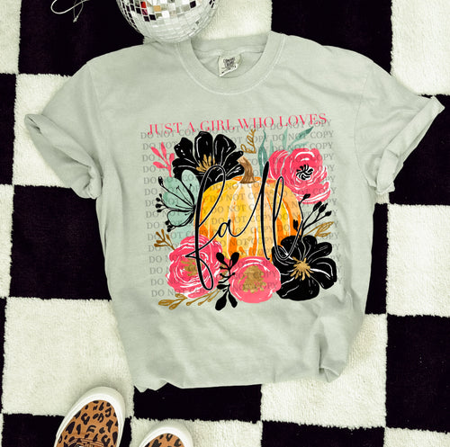 Just a girl who loves fall on sandstone comfort colors graphic tee - Mavictoria Designs Hot Press Express