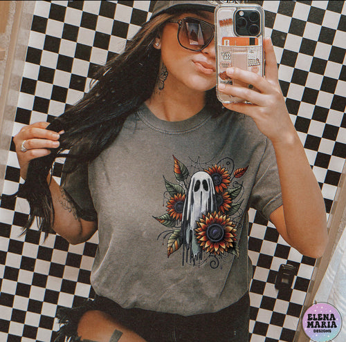 Sunflower ghost on pepper comfort colors graphic tee - Mavictoria Designs Hot Press Express