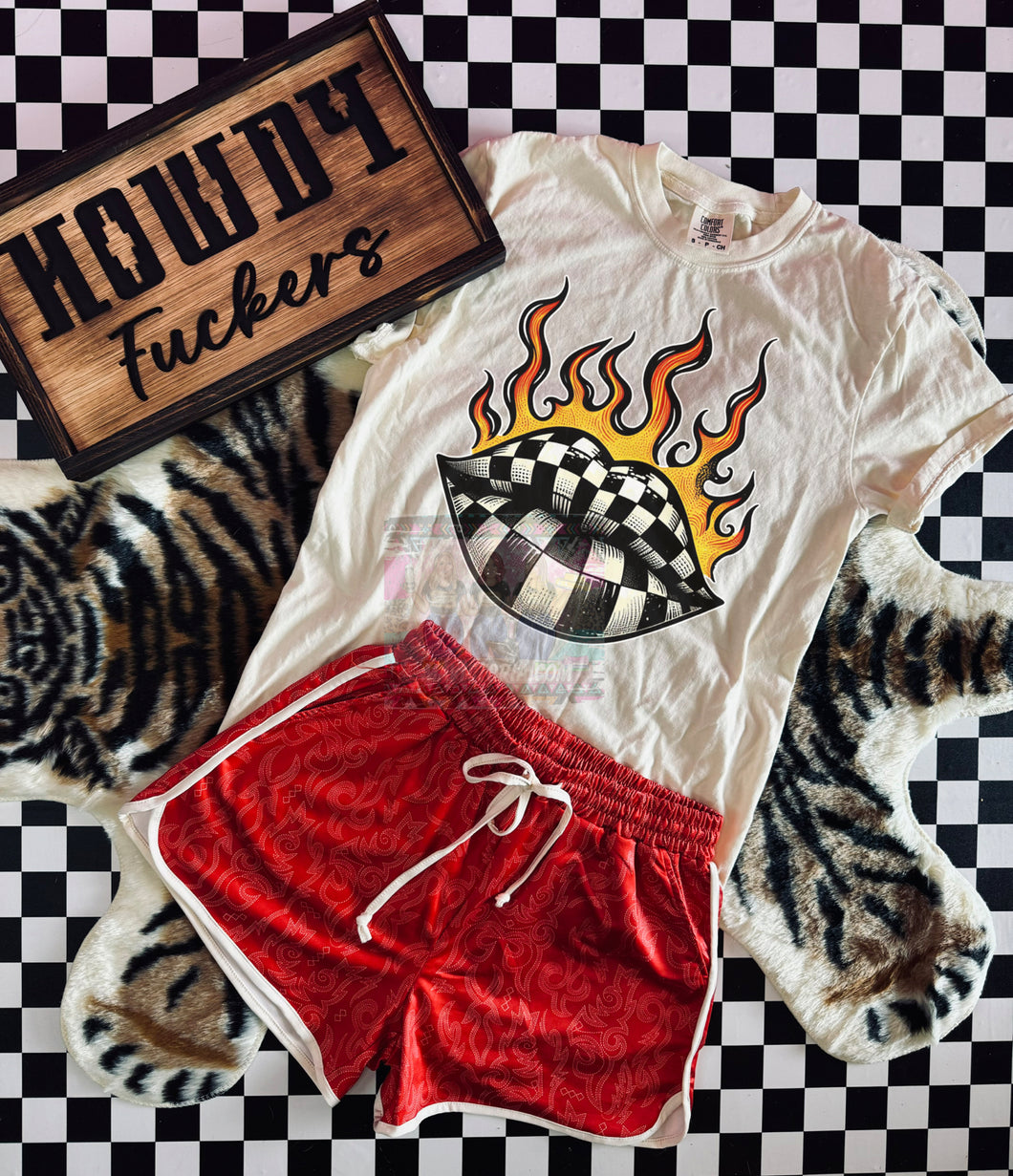 Checkered flame lips ivory comfort colors graphic tee paired with our red BOOT STITCH SHORTS //sold separately - Mavictoria Designs Hot Press Express