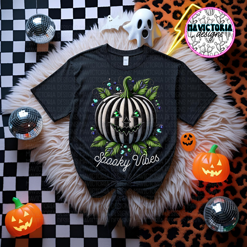 Spooky vibes stripped pumpkin on black hoodie, crewneck, long sleeve or tee - Mavictoria Designs Hot Press Express