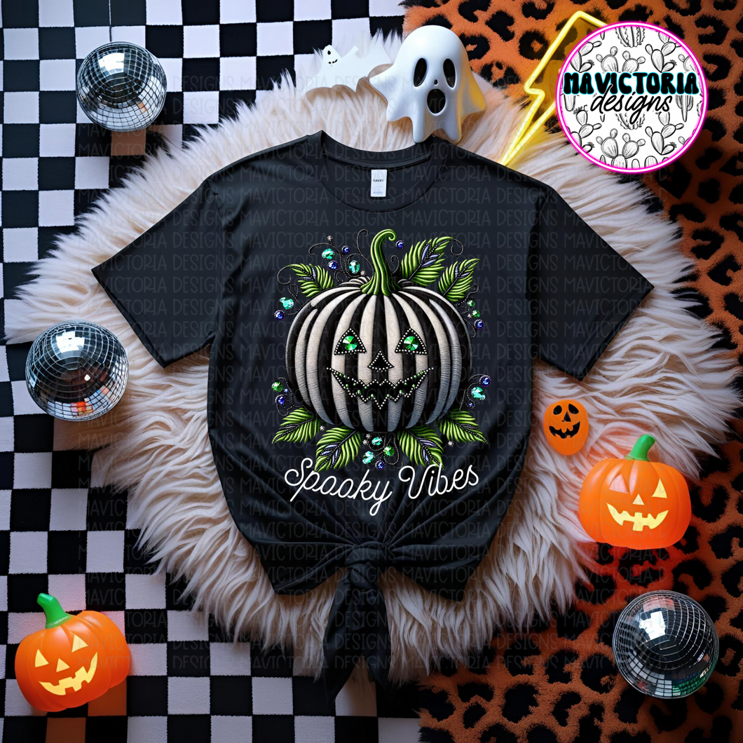 Spooky vibes stripped pumpkin on black hoodie, crewneck, long sleeve or tee - Mavictoria Designs Hot Press Express