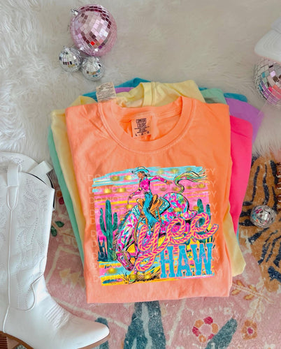 Neon coral YEE HAW yeehaw western graphic tee (choose your color) - Mavictoria Designs Hot Press Express