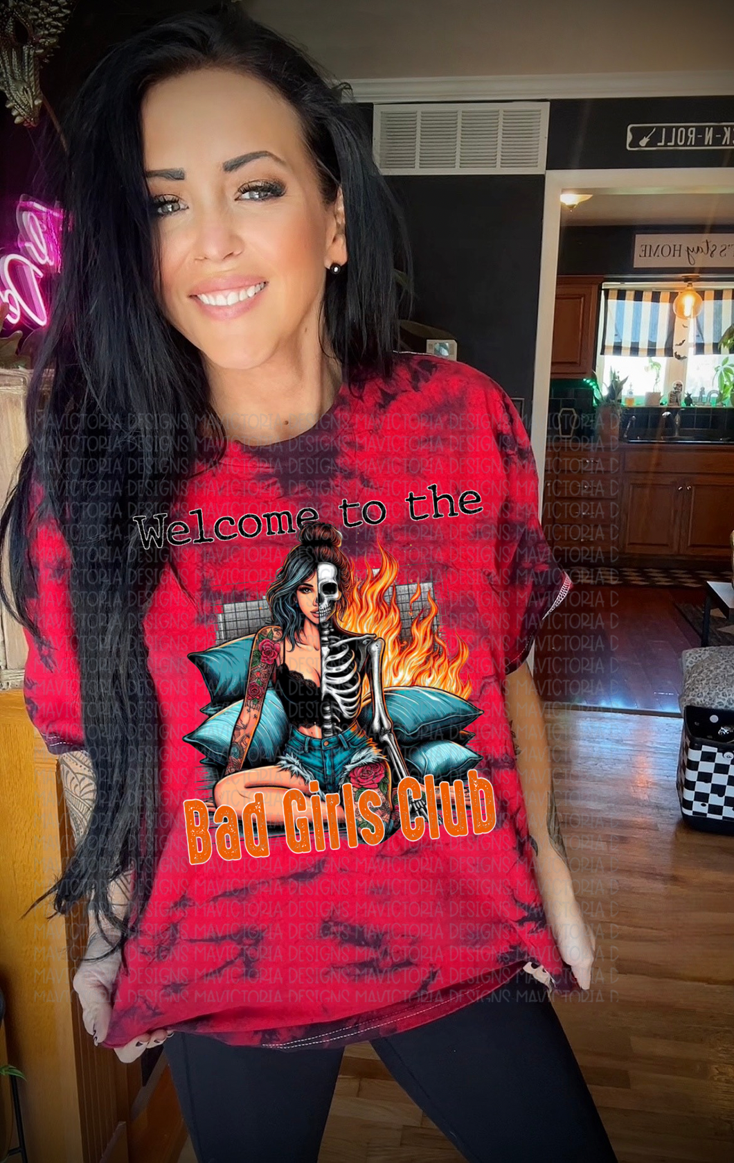 Red and black tie dye graphic tee WELCOME to the bad girls club skellie - Mavictoria Designs Hot Press Express