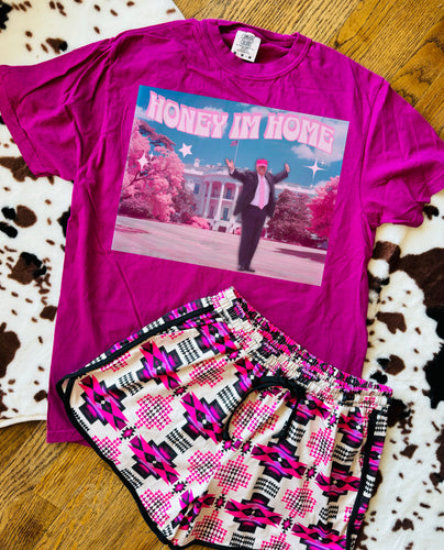 Comfort colors magenta honey I’m home graphic tee - shorts available under style - Mavictoria Designs Hot Press Express