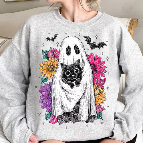 Cute ghost with cat on ash hoodie, crewneck, long sleeve or tee - Mavictoria Designs Hot Press Express