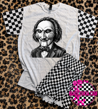 Load image into Gallery viewer, Horror collection graphic tee with checkered print sleeve

