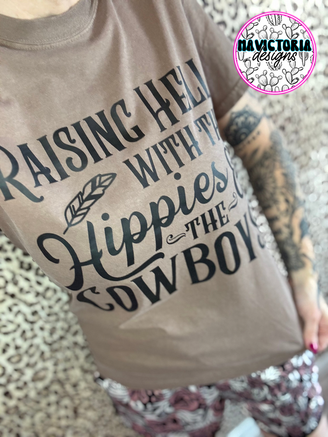 RAISING HELL WITH THE HIPPIES AND THE COWBOYS on espresso comfort colors WESTERN graphic tee - Mavictoria Designs Hot Press Express