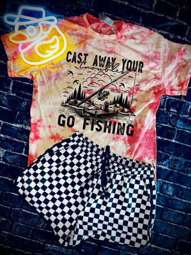 Cast away your troubles, Go fishing tie dye graphic tee // checkered shorts available separately - Mavictoria Designs Hot Press Express