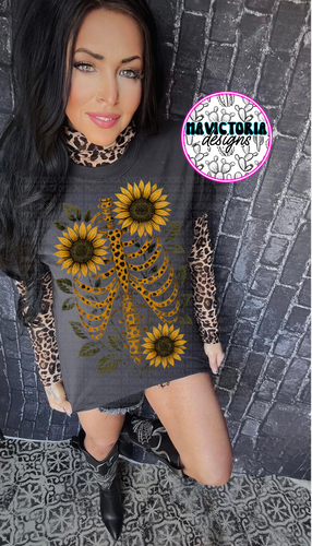 Leopard sunflower ribcage on black hoodie, crewneck, long sleeve or tee - Mavictoria Designs Hot Press Express