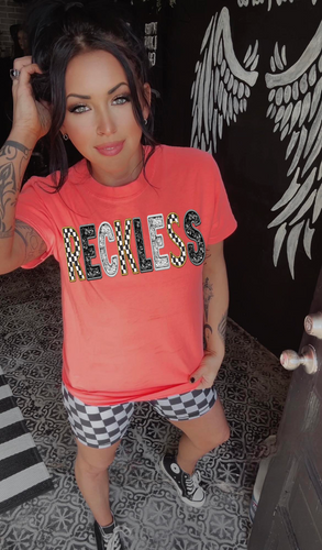 Neon coral comfort colors RECKLESS checkered graphic tee - matching shorts sold separately - Mavictoria Designs Hot Press Express