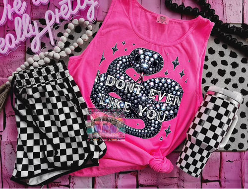 I Don’t even like you rhinestone snake comfort colors graphic tank // checkered shorts available separately - Mavictoria Designs Hot Press Express