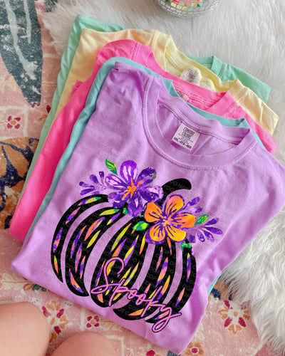 Neon spooky floral pumpkin comfort colors graphic tee (you pick color) - Mavictoria Designs Hot Press Express