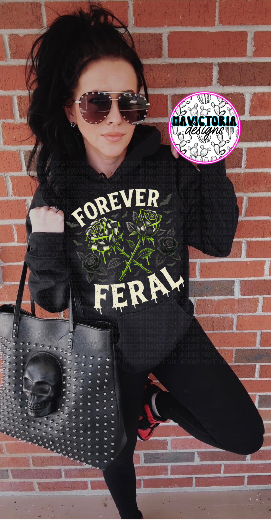 Forever feral green checkered rose on black hoodie, crewneck, long sleeve or tee - Mavictoria Designs Hot Press Express