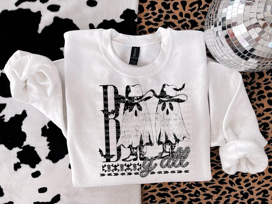 BOO YALL ghosts on white graphic tee, long sleeve, crewneck sweatshirt or hoodie - Mavictoria Designs Hot Press Express