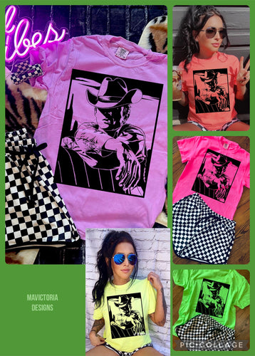 The Neon Cowboy Collection on Comfort Colors or Beach Wash Graphic Tees // checkered shorts and joggers sold separately - Mavictoria Designs Hot Press Express