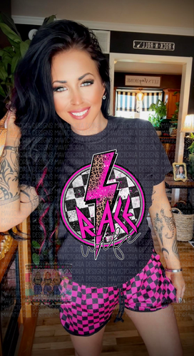 Hot pink RACE WIFE on black comfort colors graphic tee - Mavictoria Designs Hot Press Express