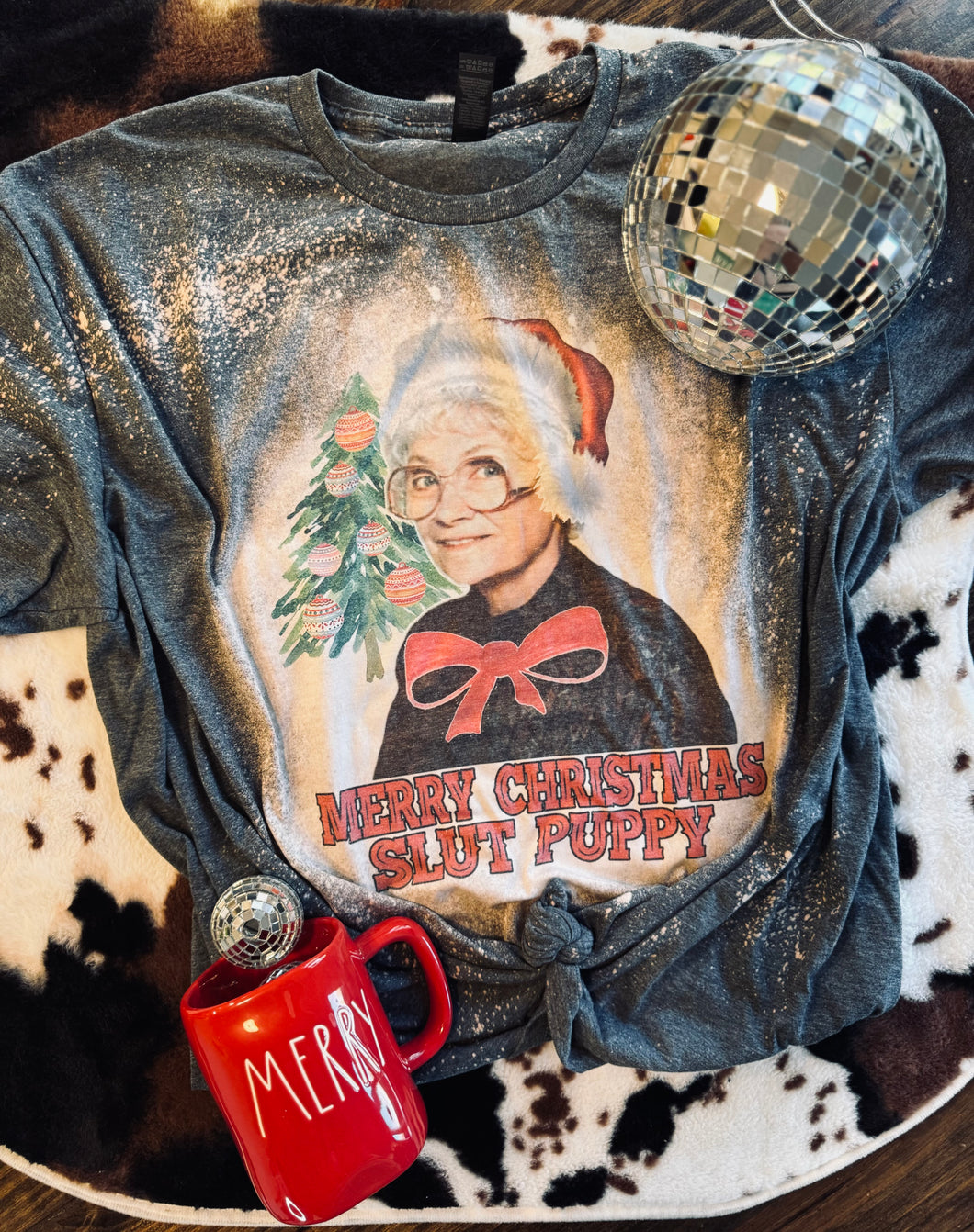 Merry Christmas Slut Puppy Bleached charcoal graphic tee, sweatshirt, long sleeve OR hoodie - Mavictoria Designs Hot Press Express