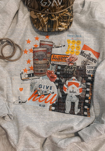 Give em hell kid western vintage vibes on ash tee crewneck sweatshirt long sleeve or hoodie - Mavictoria Designs Hot Press Express