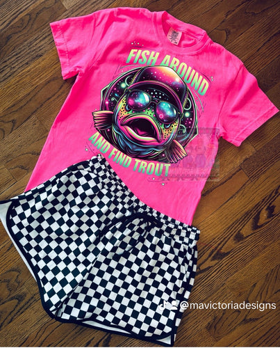 Neon pink fish around and find trout graphic tee // checkered shorts available separately - Mavictoria Designs Hot Press Express