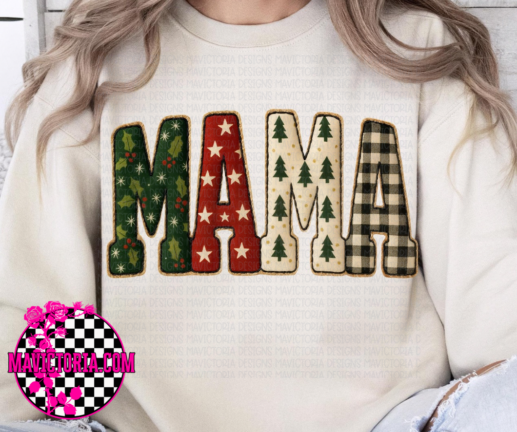 Faux patchwork Christmas MAMA on sand hoodie, crewneck, long sleeve or tee
