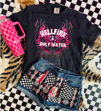 Load image into Gallery viewer, Hellfire and holy water comfort colors graphic tee paired with Checkered Sterling Kreek Patched Up Shorts - Mavictoria Designs Hot Press Express
