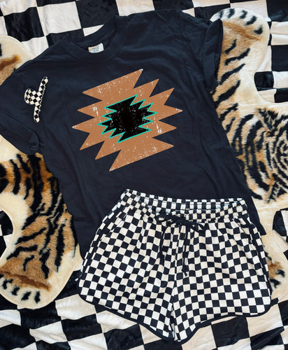 Peekaboo Aztec print with turquoise on black comfort colors graphic tee // checkered shorts available separately - Mavictoria Designs Hot Press Express