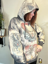 Load image into Gallery viewer, Horror bleached graphic hoodie pennywise edition you’ll float too Derry tribune IT movie - Mavictoria Designs Hot Press Express
