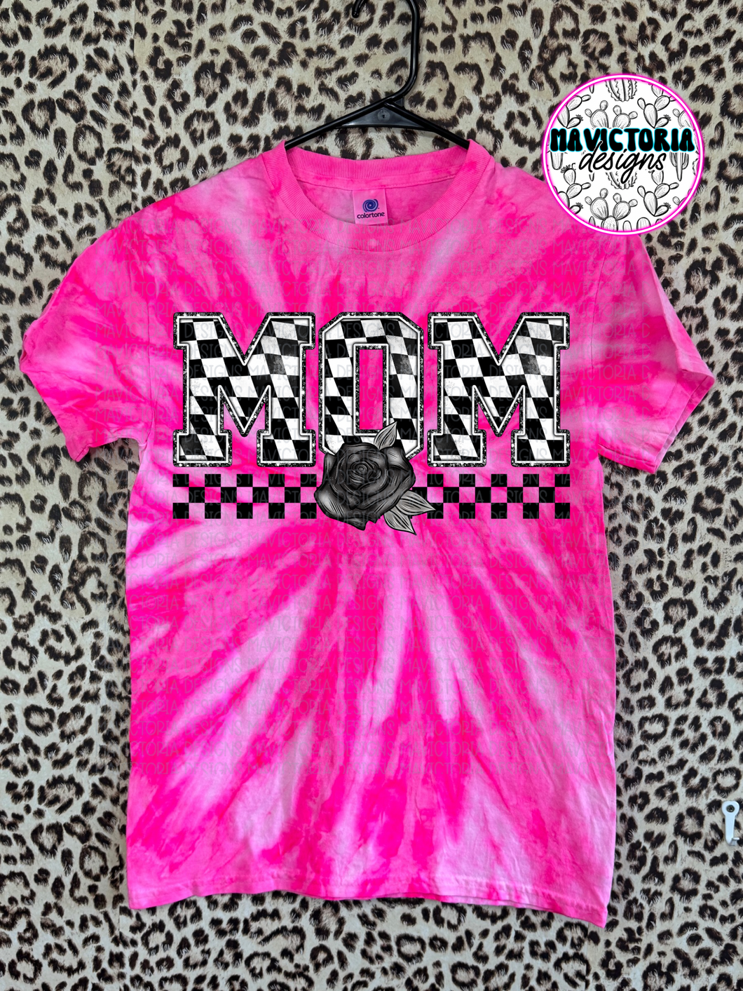 Checkered MOM on neon pink tie dye graphic tee - Mavictoria Designs Hot Press Express