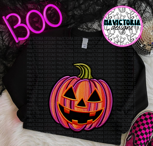 Faux embroidered jack o lantern pumpkin on black hoodie, crewneck, long sleeve or tee - Mavictoria Designs Hot Press Express