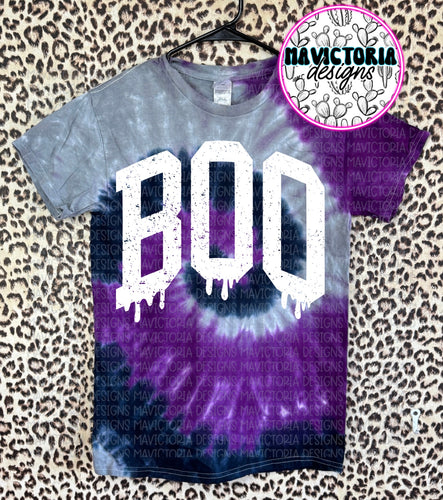 Dripping BOO on purple black and grey tie dye graphic tee - Mavictoria Designs Hot Press Express