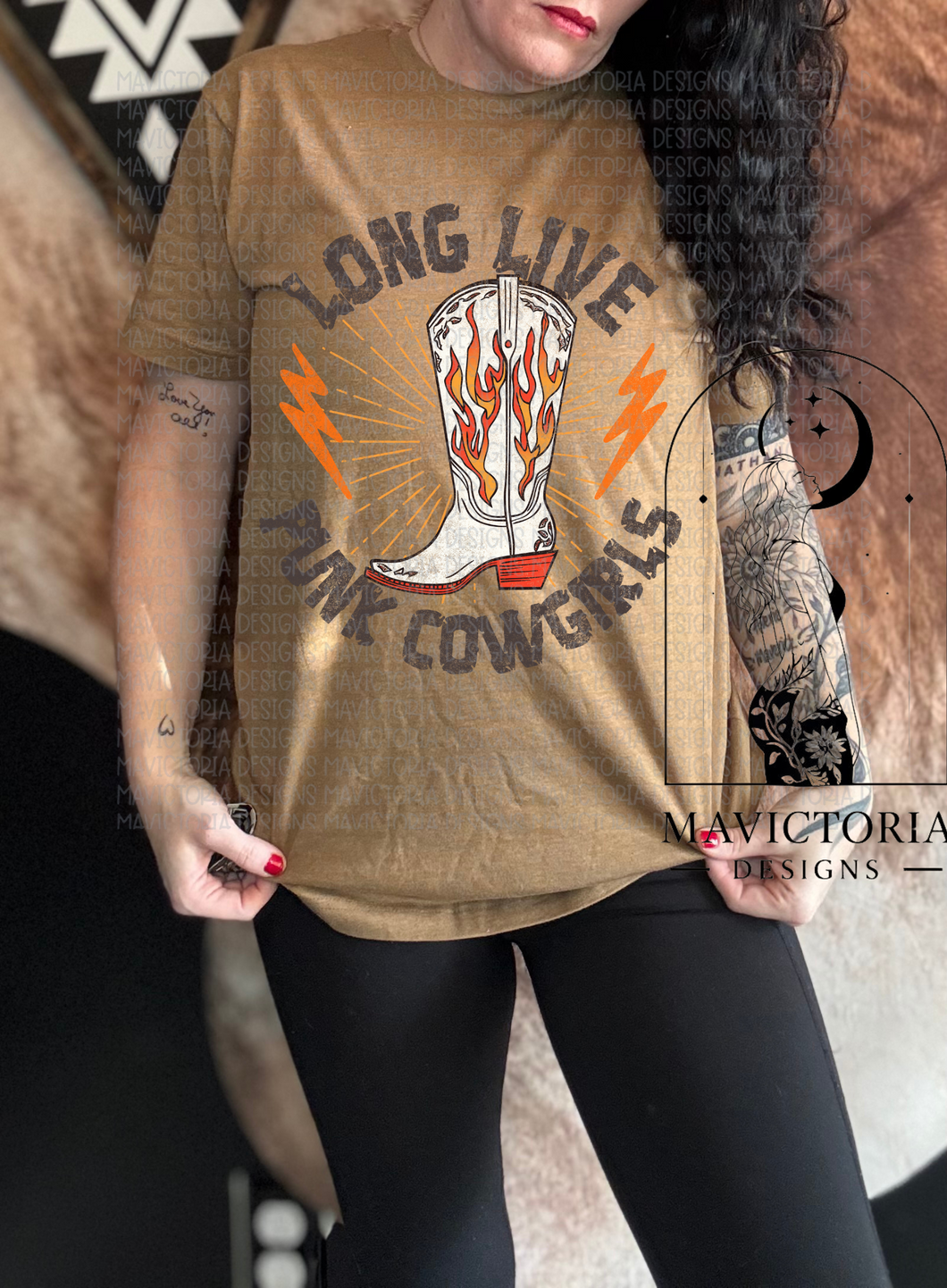 LONG LIVE PUNK COWGIRLS on coyote brown graphic tee crew long sleeve or hoodie - Mavictoria Designs Hot Press Express