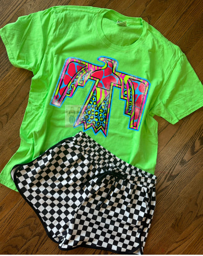 Neon green Aztec thunderbird graphic tee // checkered shorts available separately - Mavictoria Designs Hot Press Express