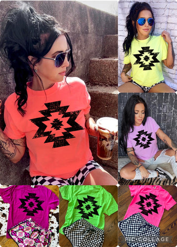 The neon Aztec tee on comfort colors brand - Mavictoria Designs Hot Press Express