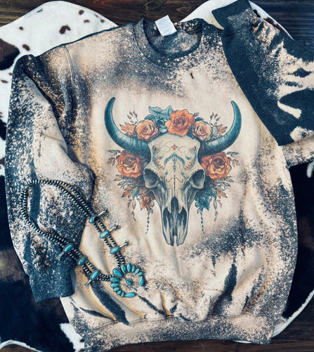 Charcoal bleached western crewneck sweatshirt sweater teal and rust floral bull skull cow skull - Mavictoria Designs Hot Press Express