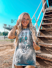 Load image into Gallery viewer, Charcoal bleached skeleton peace sign turquoise graphic tee or sweatshirt - Mavictoria Designs Hot Press Express
