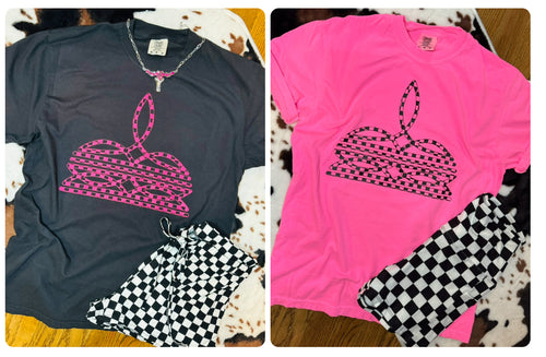 Comfort Colors checkered Western Boot Stitch graphic tee black or pink print - Mavictoria Designs Hot Press Express