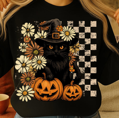 Retro black cat Halloween on black hoodie, crewneck, long sleeve or tee - Mavictoria Designs Hot Press Express