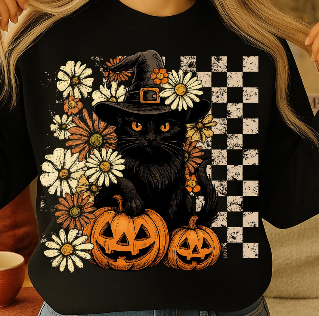Retro black cat Halloween on black hoodie, crewneck, long sleeve or tee - Mavictoria Designs Hot Press Express