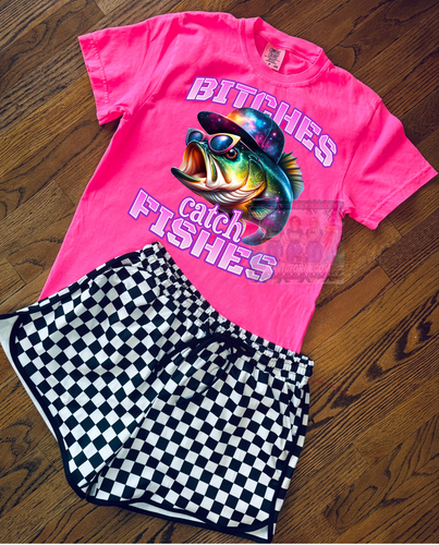 Neon Pink comfort colors BITCHES CATCH FISHES funny graphic tee // checkered shorts available separately - Mavictoria Designs Hot Press Express