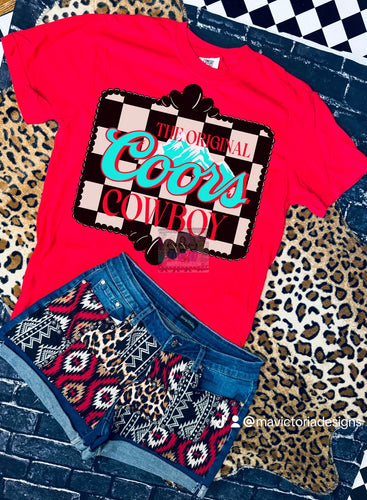 Checkered original COORS COWBOY on red comfort colors tee —shorts sold separately - Mavictoria Designs Hot Press Express