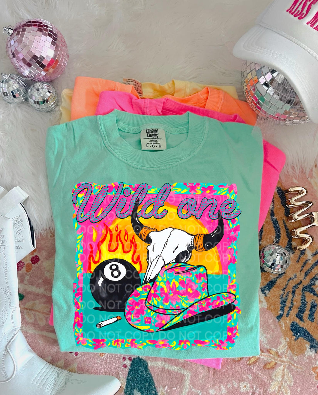 Wild one eightball western NEON graphic tee on comfort colors - Mavictoria Designs Hot Press Express