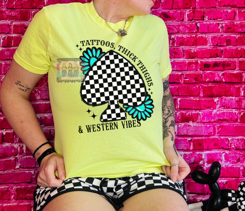 Tattoos thick thighs and western vibes neon lemon graphic tee checkered spade and turquoise - shorts available under style - Mavictoria Designs Hot Press Express