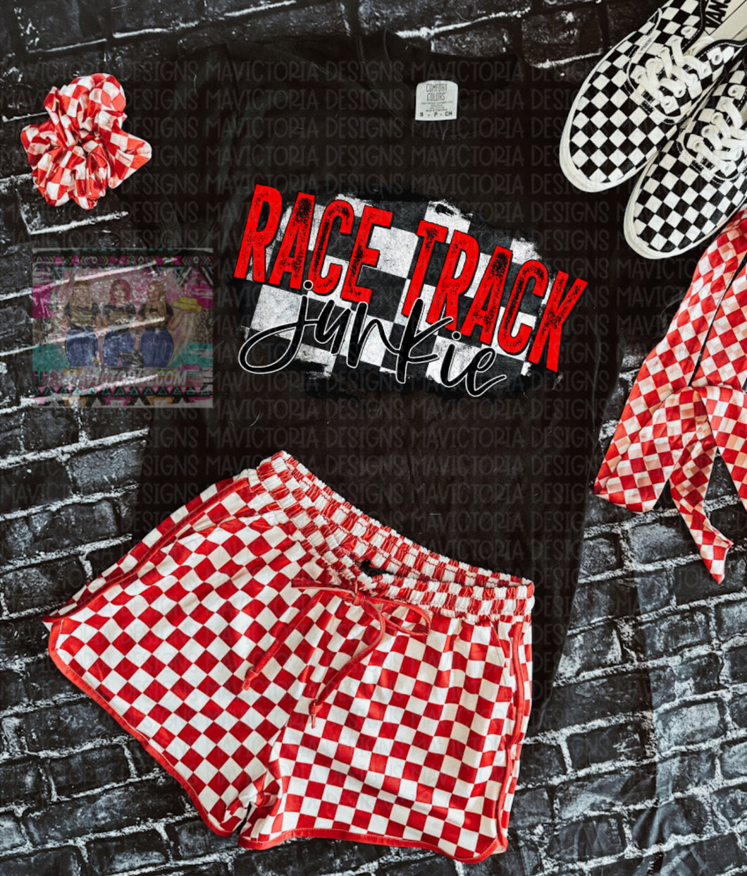 RACE TRACK JUNKIE checkered black comfort colors graphic tee - Mavictoria Designs Hot Press Express