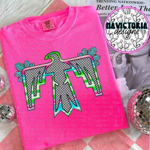 NEON checkered thunderbird on comfort colors graphic tee (you pick color) - Mavictoria Designs Hot Press Express