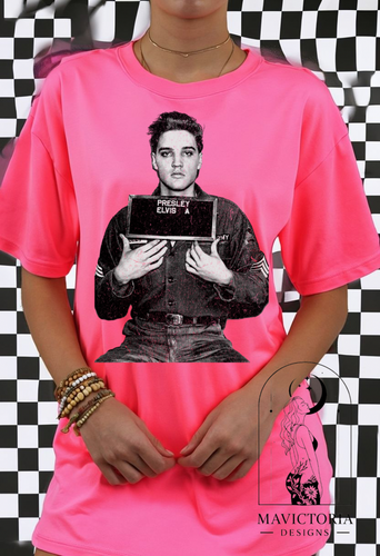 Elvis mug shot black and white image on neon pink hoodie, crewneck, long sleeve or tee - Mavictoria Designs Hot Press Express