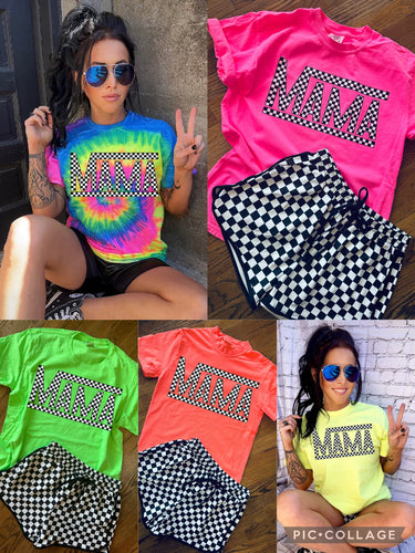 Comfort colors neon checkered Mama Graphic tee / checkered athletic pocket shorts SOLD SEPARATELY - Mavictoria Designs Hot Press Express