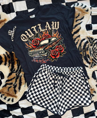 Outlaw flaming car on black comfort colors graphic tee // checkered shorts available separately - Mavictoria Designs Hot Press Express