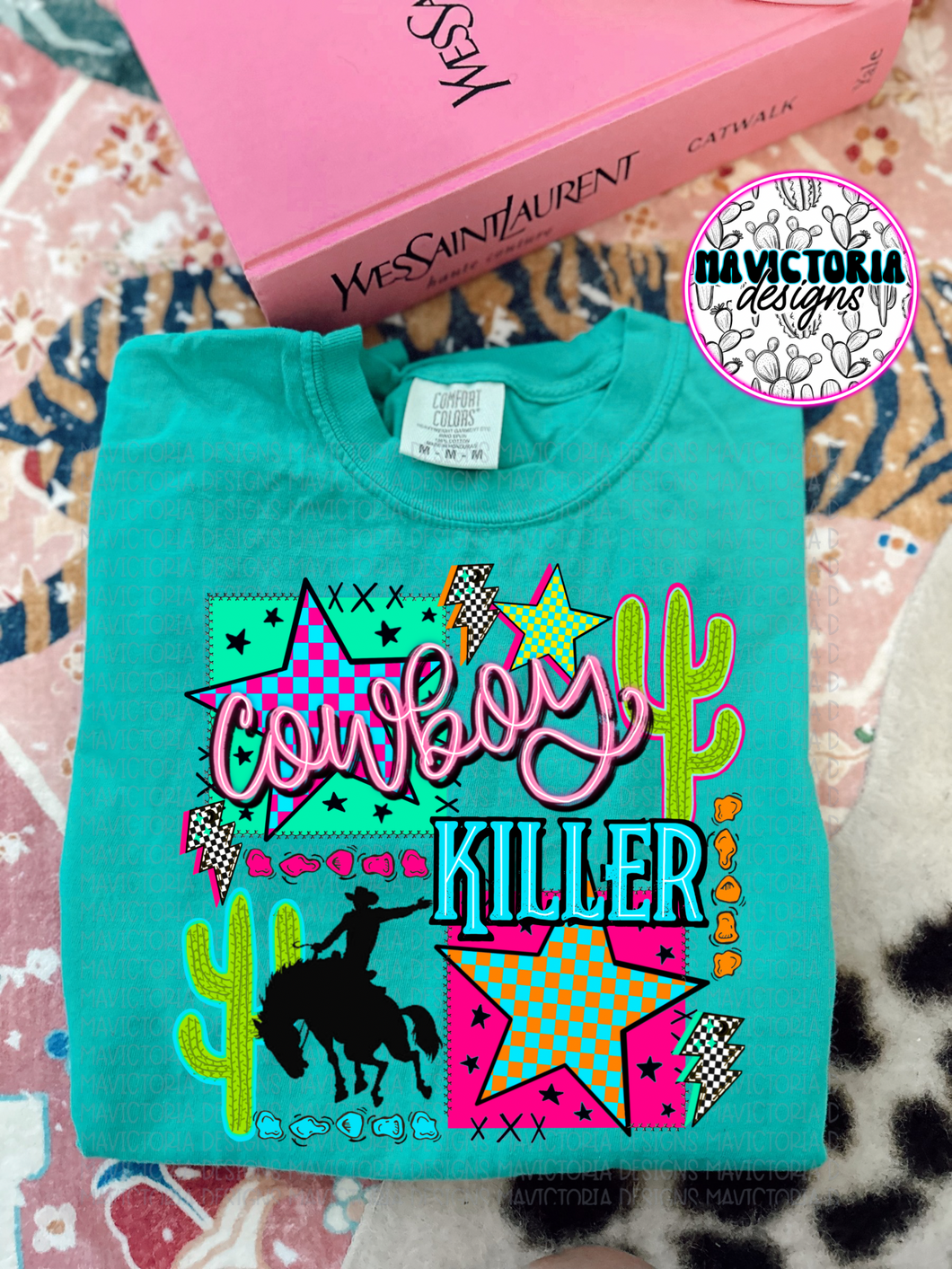 Cowboy killer on Island teal graphic tee on comfort colors - Mavictoria Designs Hot Press Express